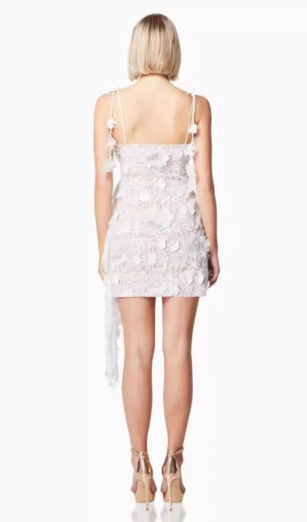 3D FLORAL-EMBELLISHED LACE STRAPPY MINI DRESS IN WHITE Gloria Lanvin