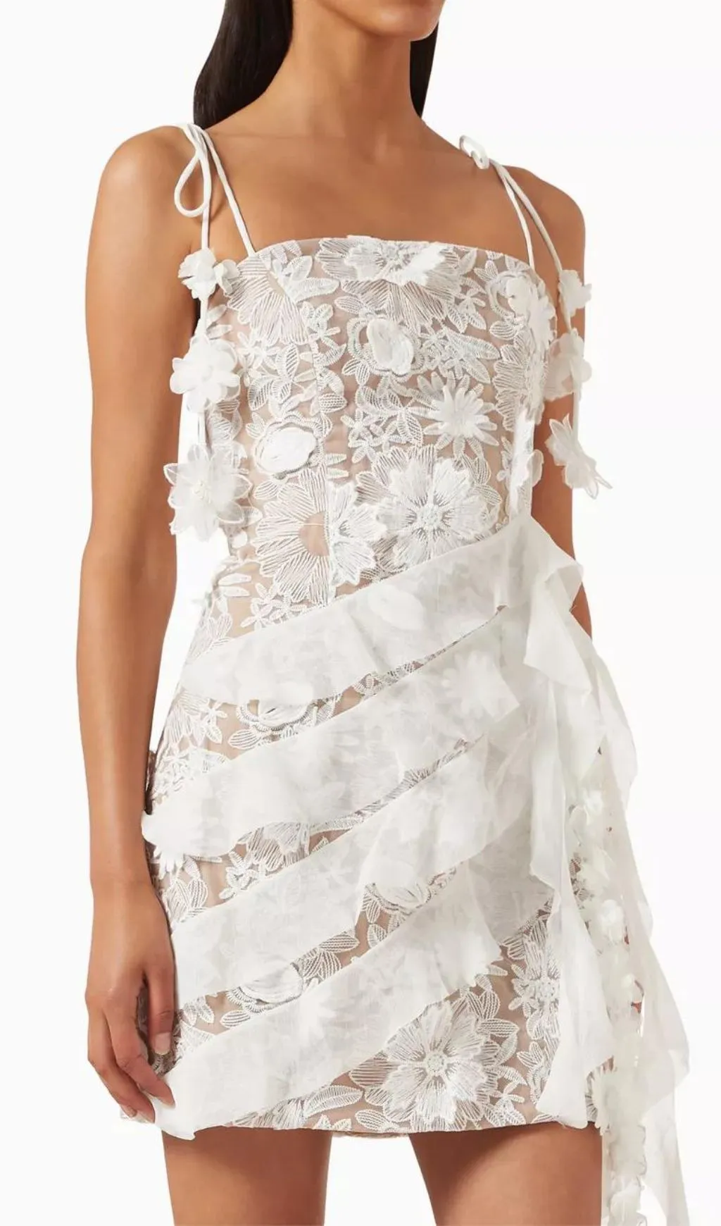 3D FLORAL-EMBELLISHED LACE STRAPPY MINI DRESS IN WHITE Gloria Lanvin