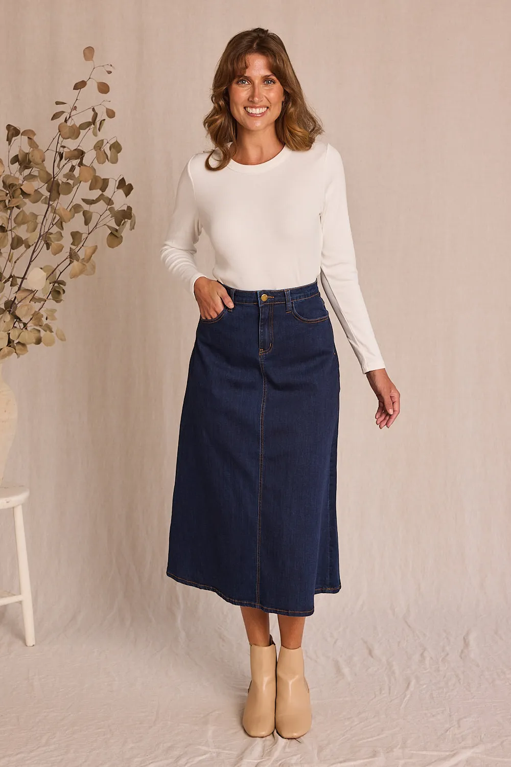 Adrift Denim A-Line Skirt in Dark Wash Adrift