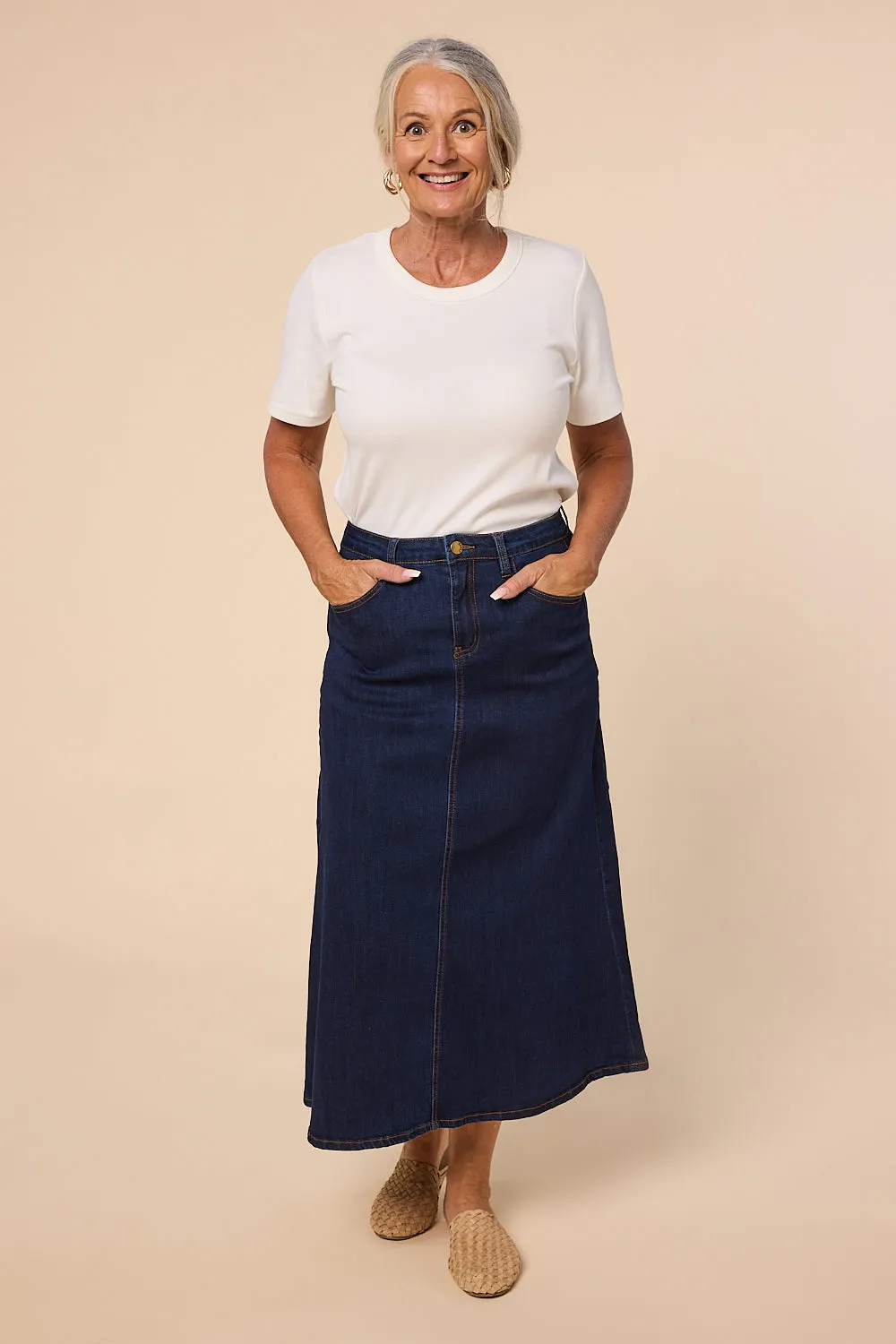 Adrift Denim A-Line Skirt in Dark Wash Adrift