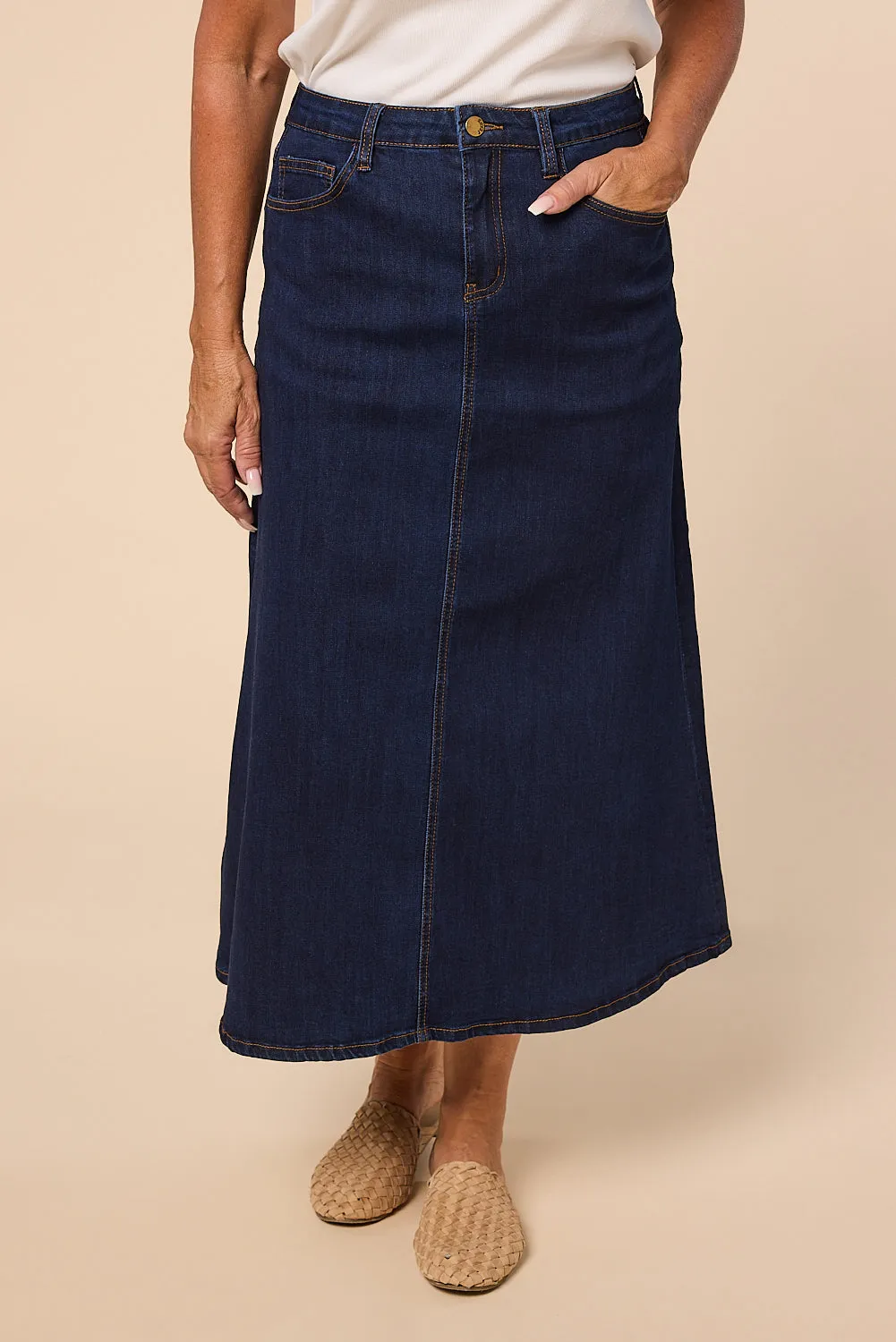 Adrift Denim A-Line Skirt in Dark Wash Adrift