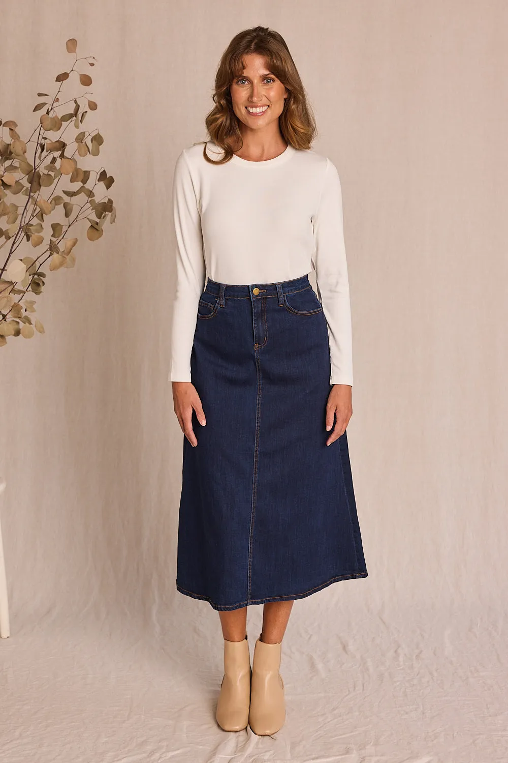 Adrift Denim A-Line Skirt in Dark Wash Adrift