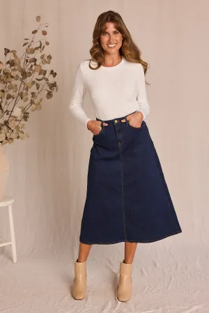 Adrift Denim A-Line Skirt in Dark Wash Adrift