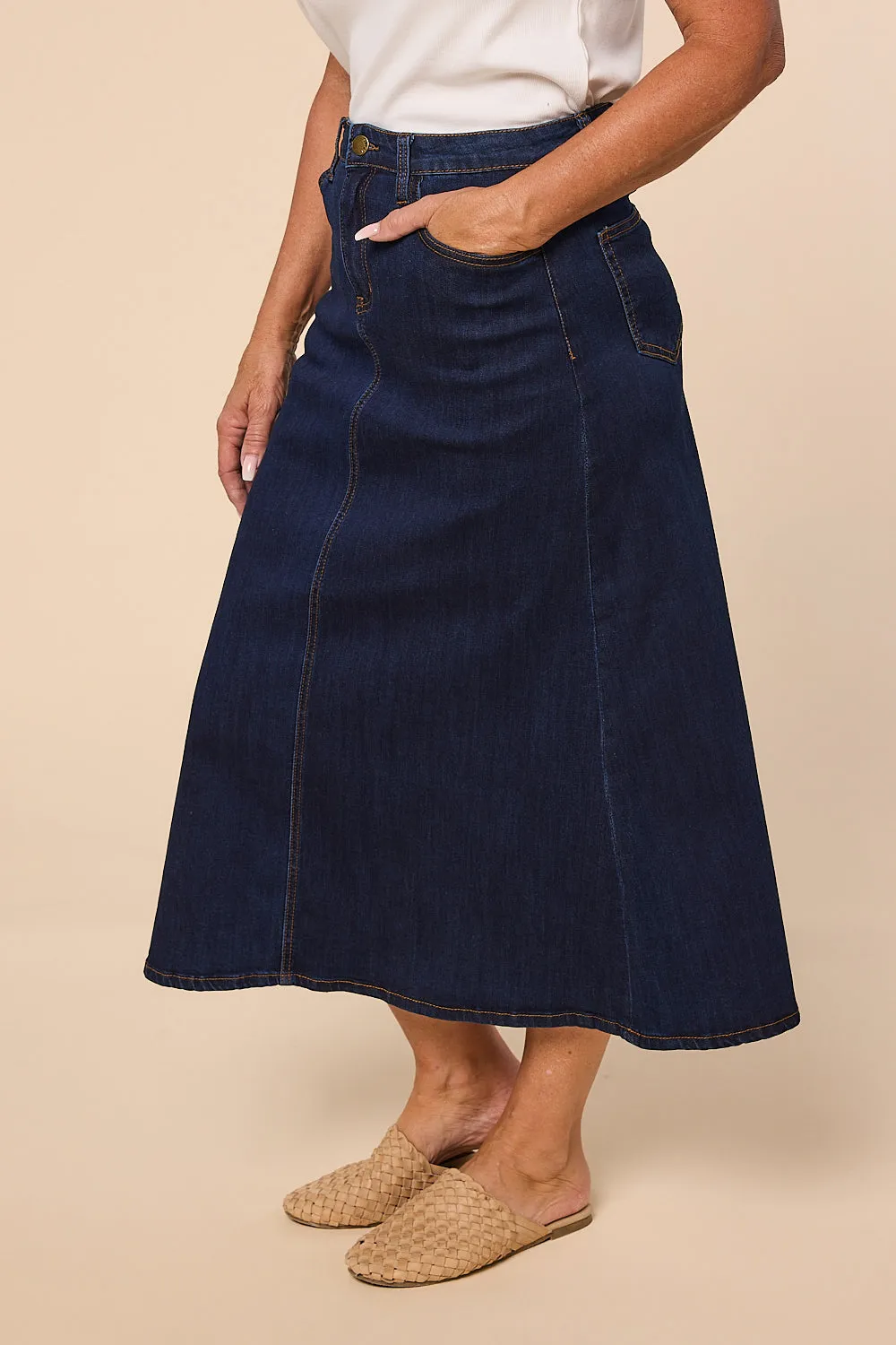 Adrift Denim A-Line Skirt in Dark Wash Adrift