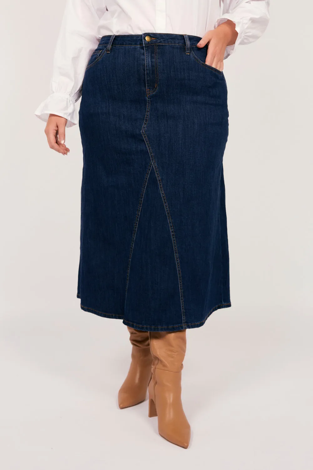 Adrift Denim Midi Skirt in Dark Wash Adrift