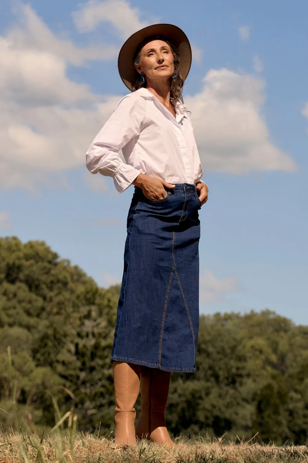 Adrift Denim Midi Skirt in Dark Wash Adrift
