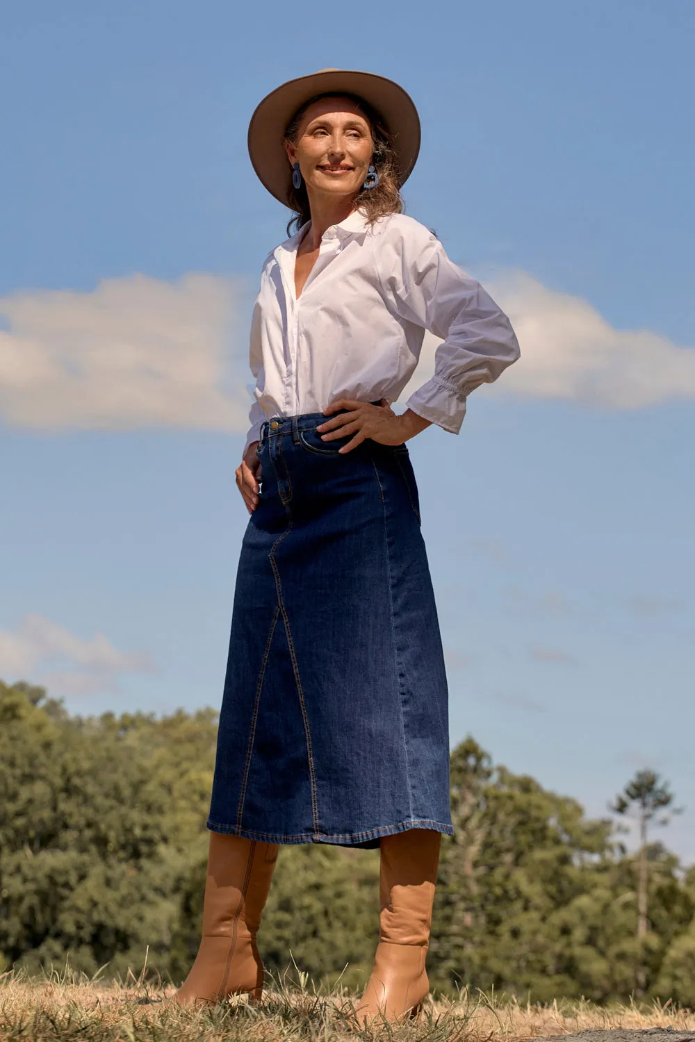 Adrift Denim Midi Skirt in Dark Wash Adrift