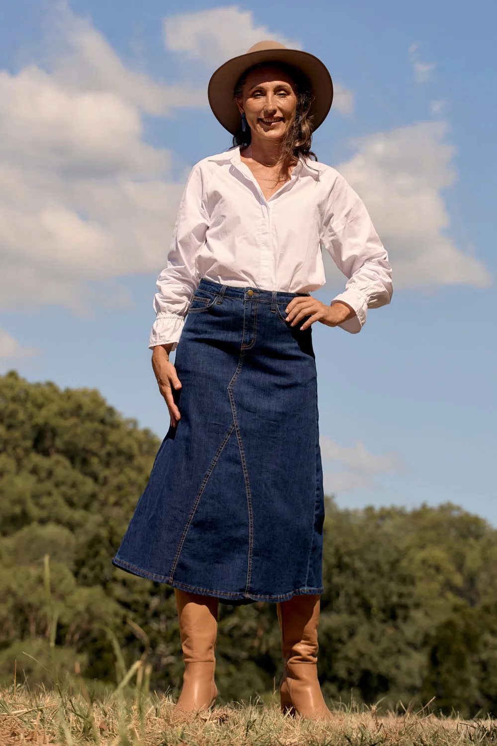 Adrift Denim Midi Skirt in Dark Wash Adrift