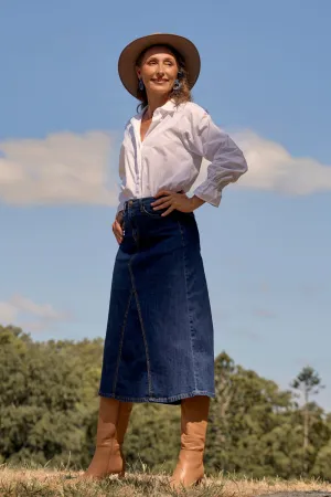 Adrift Denim Midi Skirt in Dark Wash Adrift