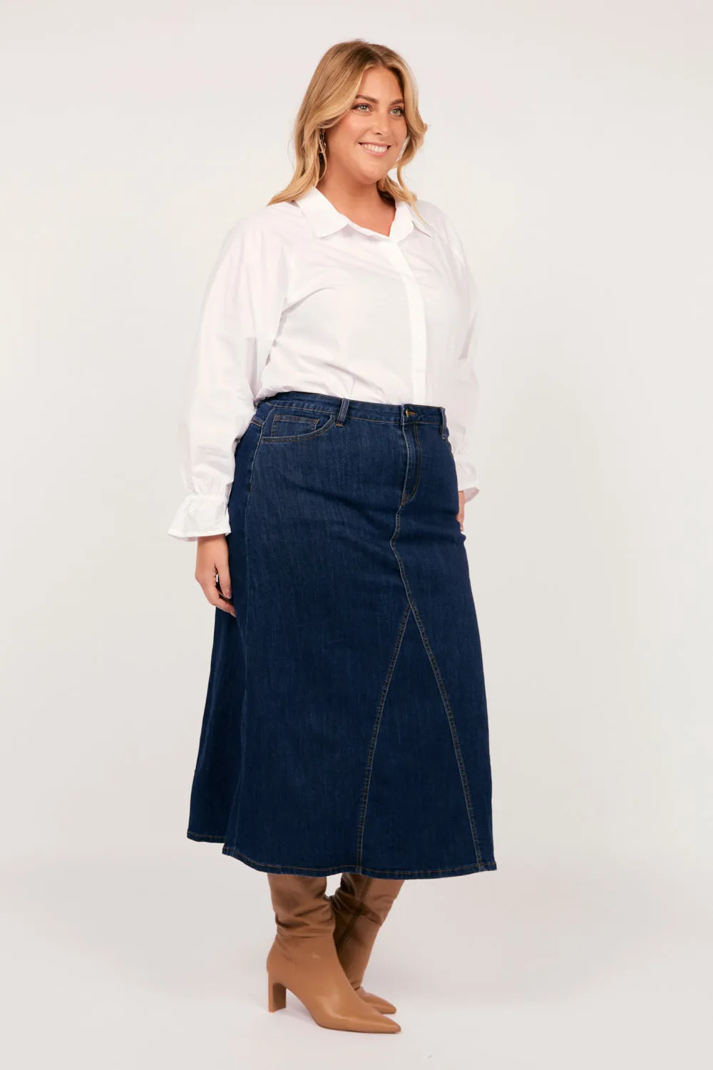 Adrift Denim Midi Skirt in Dark Wash Adrift