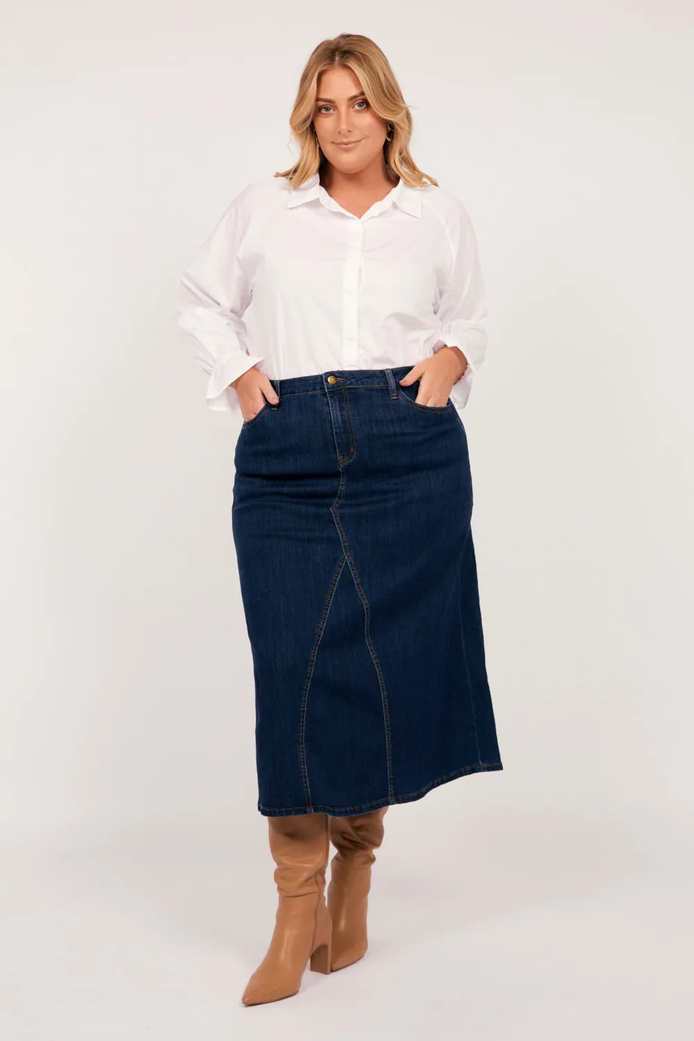 Adrift Denim Midi Skirt in Dark Wash Adrift