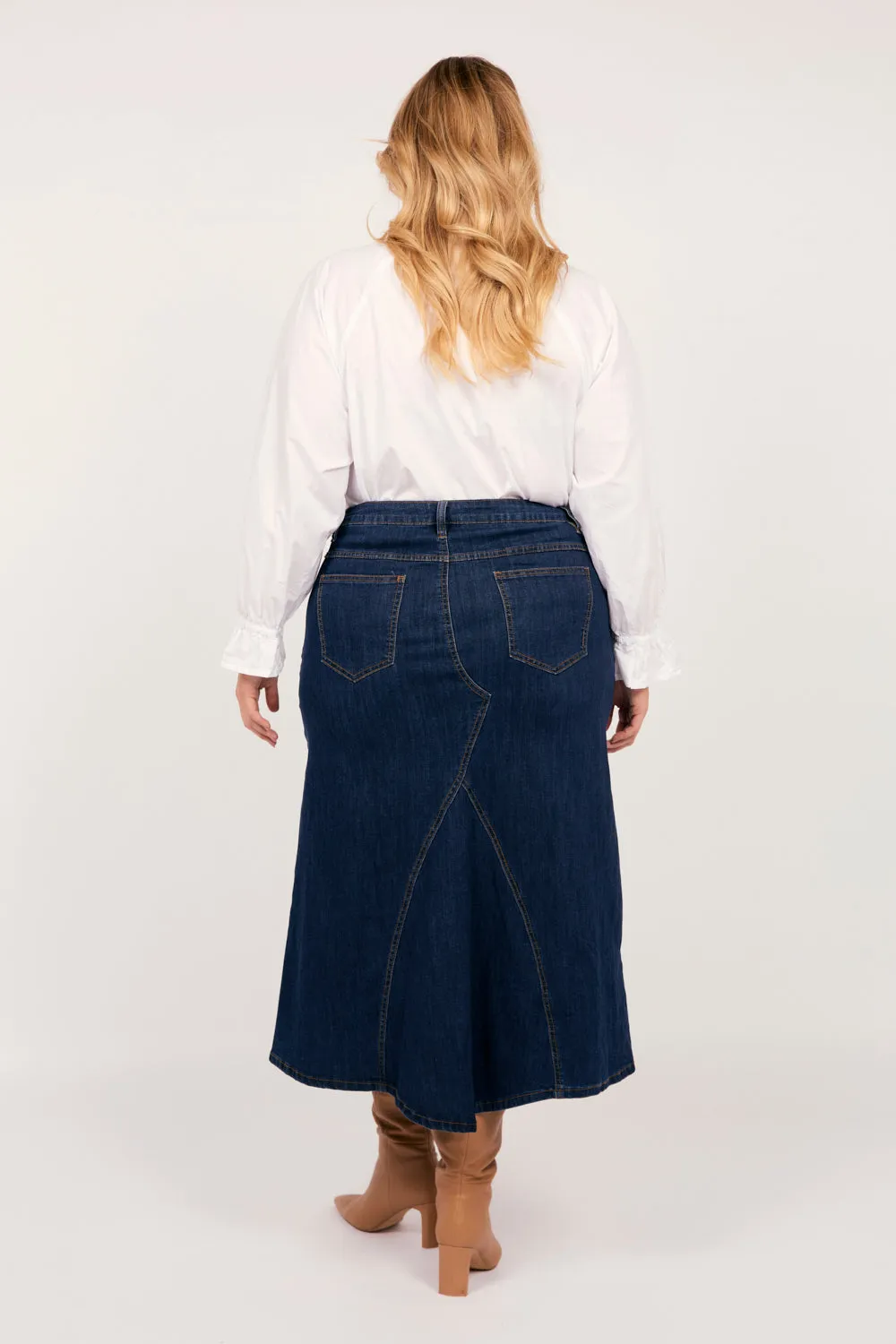 Adrift Denim Midi Skirt in Dark Wash Adrift