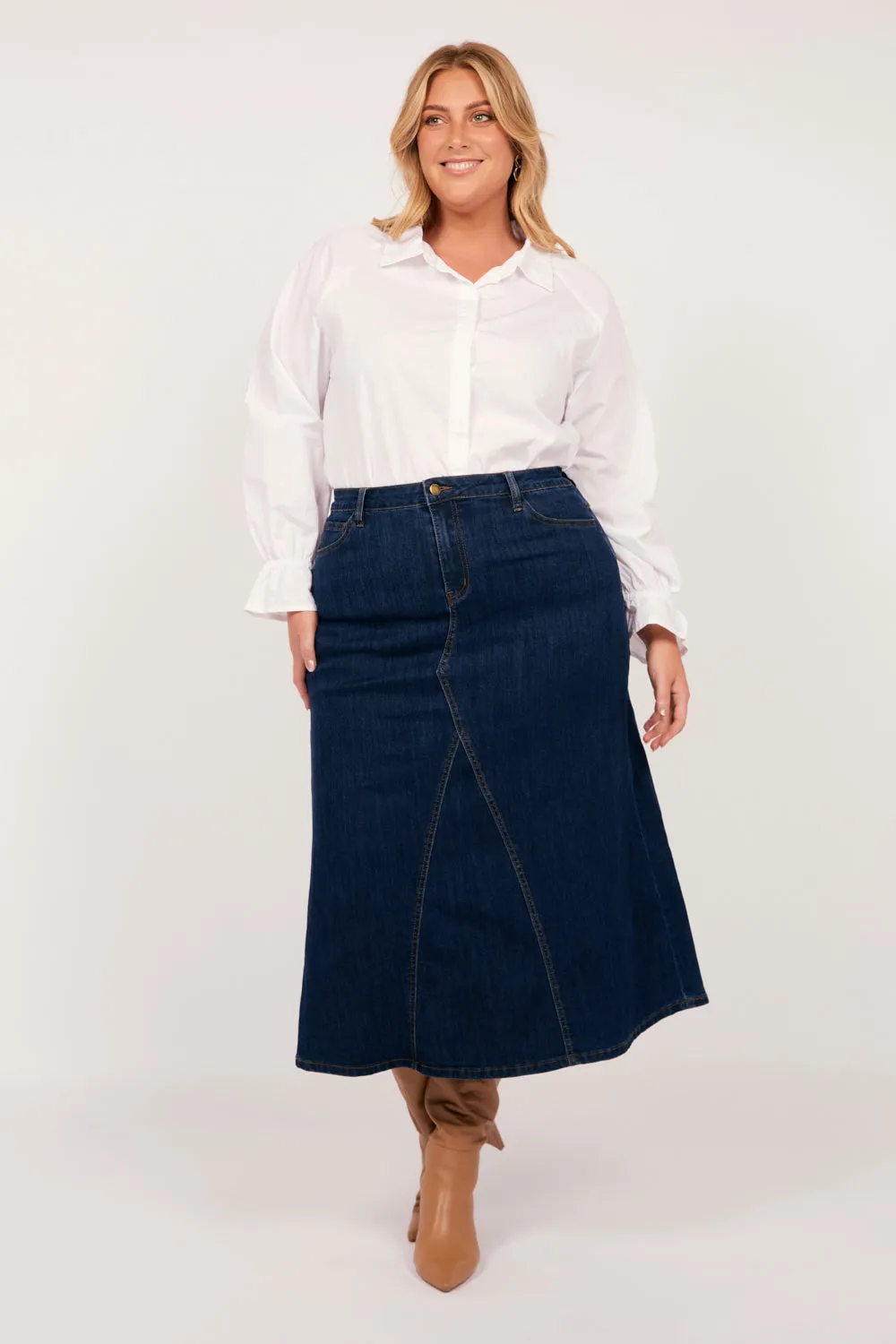 Adrift Denim Midi Skirt in Dark Wash Adrift