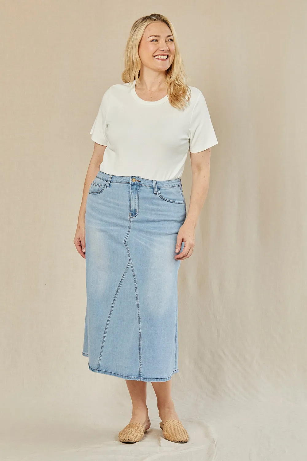 Adrift Denim Midi Skirt in Light Wash Adrift