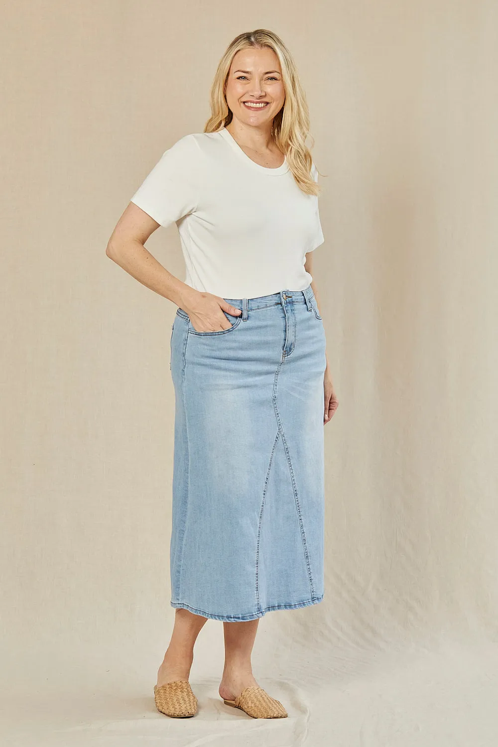 Adrift Denim Midi Skirt in Light Wash Adrift