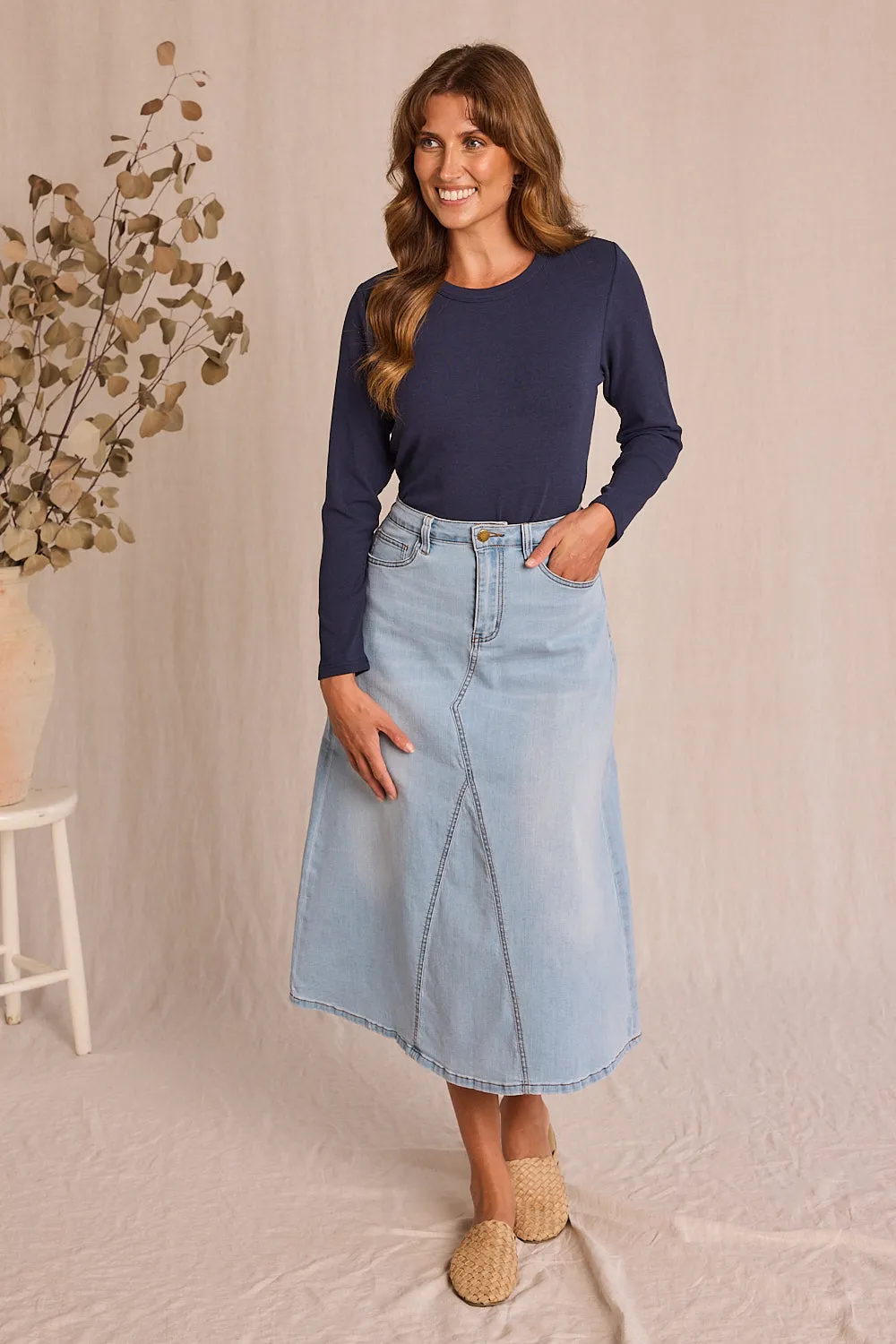 Adrift Denim Midi Skirt in Light Wash Adrift