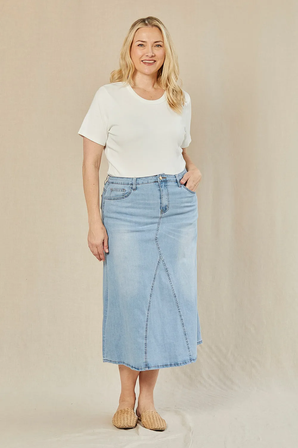 Adrift Denim Midi Skirt in Light Wash Adrift