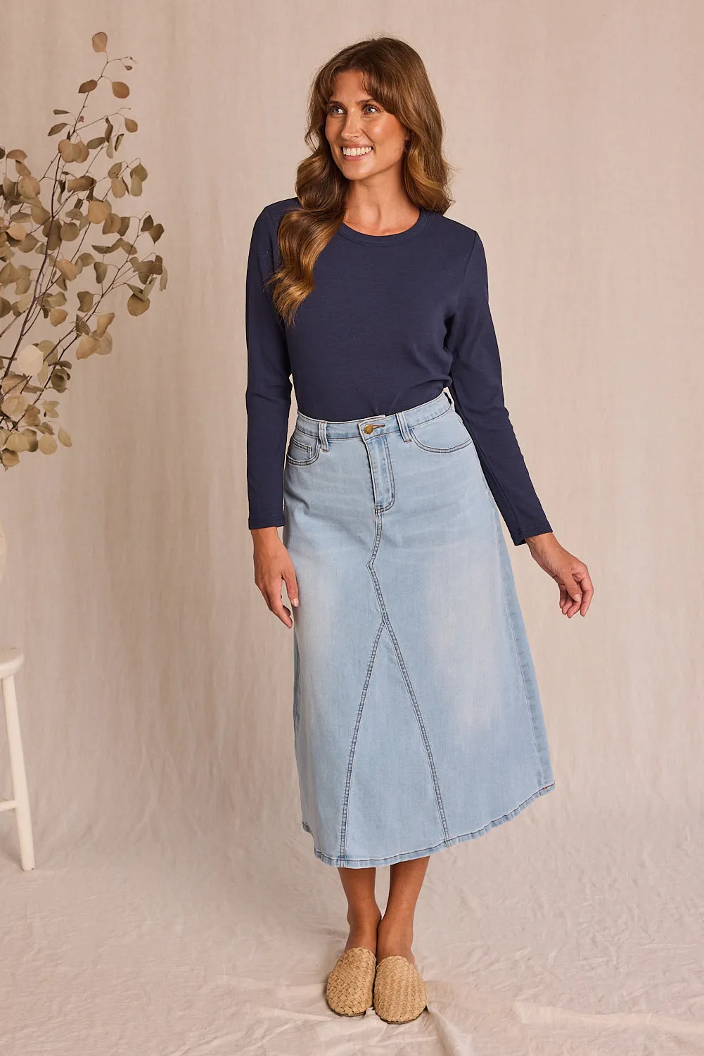 Adrift Denim Midi Skirt in Light Wash Adrift