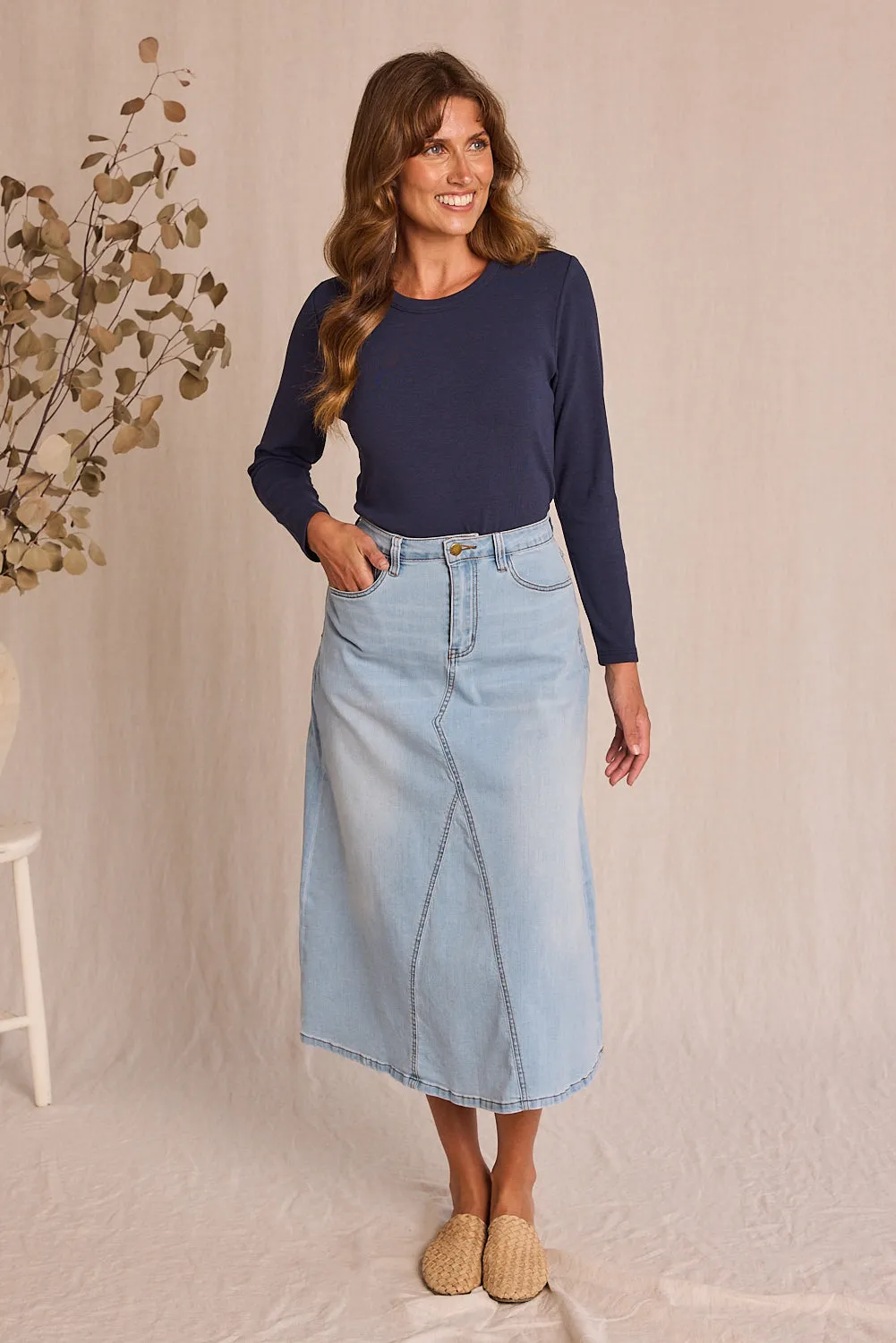 Adrift Denim Midi Skirt in Light Wash Adrift