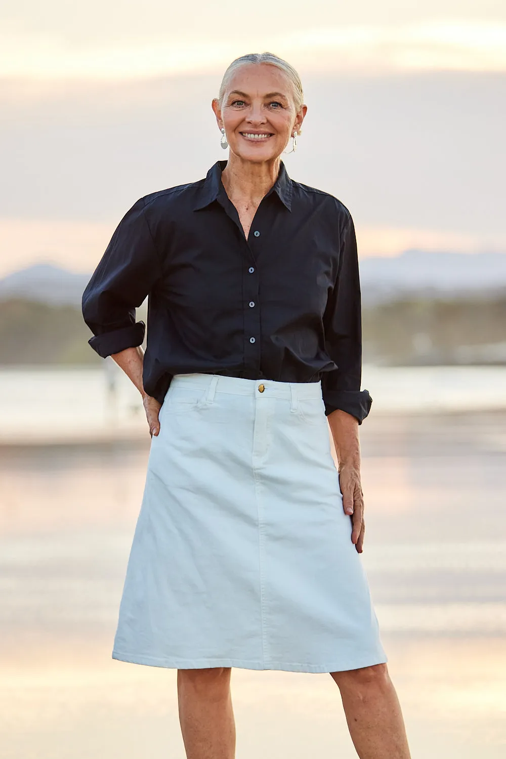 Adrift Denim Short A-Line Skirt in White Adrift