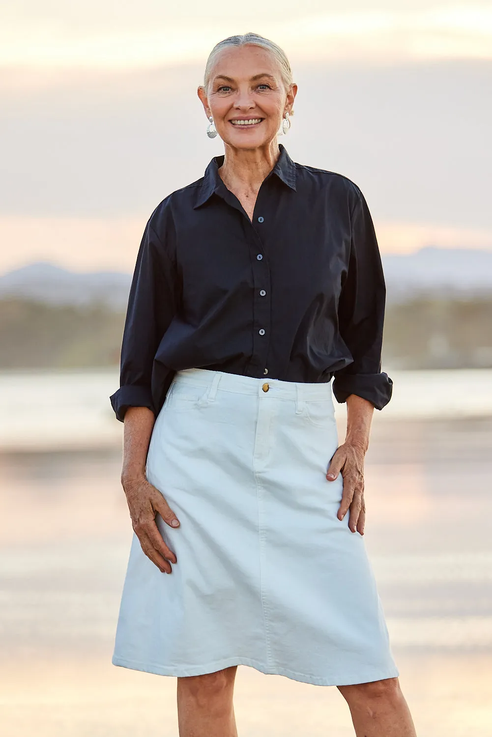 Adrift Denim Short A-Line Skirt in White Adrift