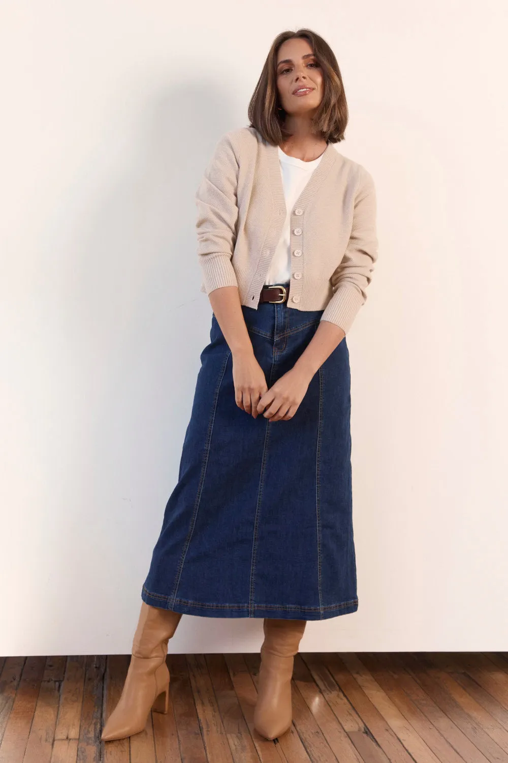 Adrift Flared Denim Maxi Skirt in Dark Wash Adrift