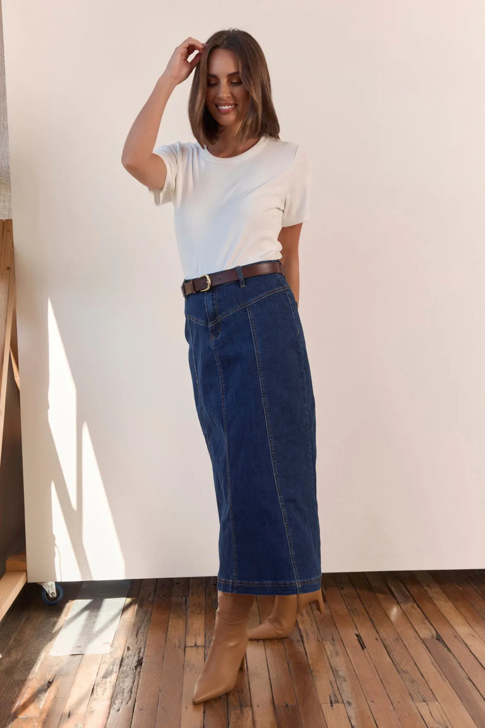 Adrift Flared Denim Maxi Skirt in Dark Wash Adrift