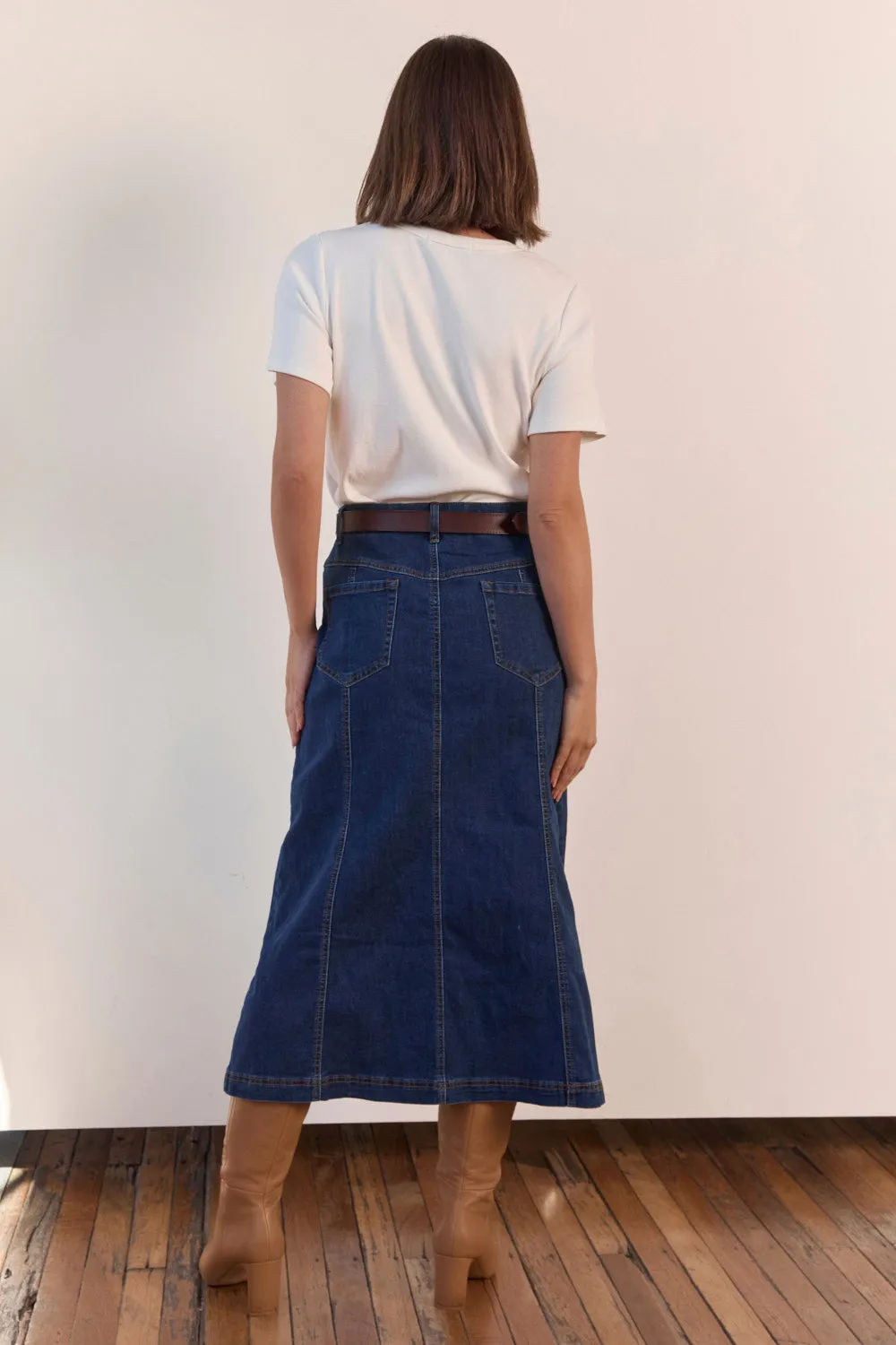 Adrift Flared Denim Maxi Skirt in Dark Wash Adrift
