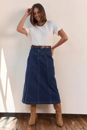 Adrift Flared Denim Maxi Skirt in Dark Wash Adrift