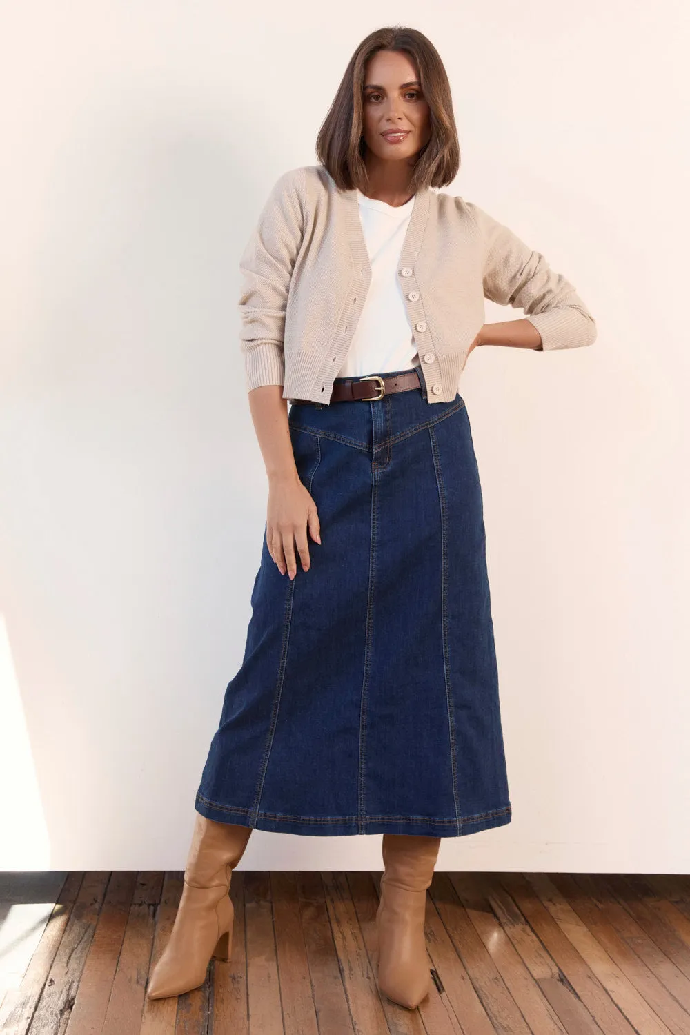 Adrift Flared Denim Maxi Skirt in Dark Wash Adrift