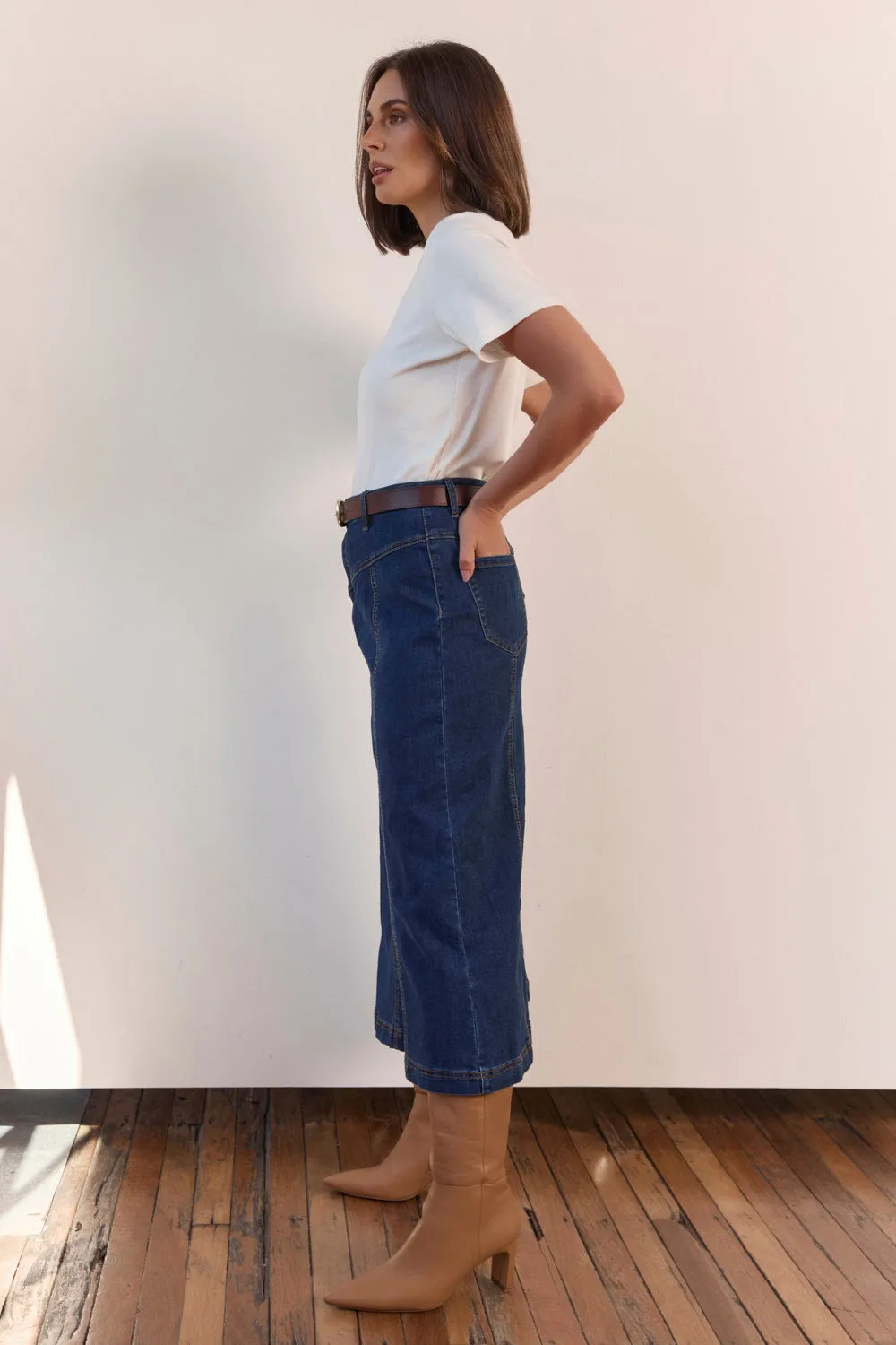 Adrift Flared Denim Maxi Skirt in Dark Wash Adrift