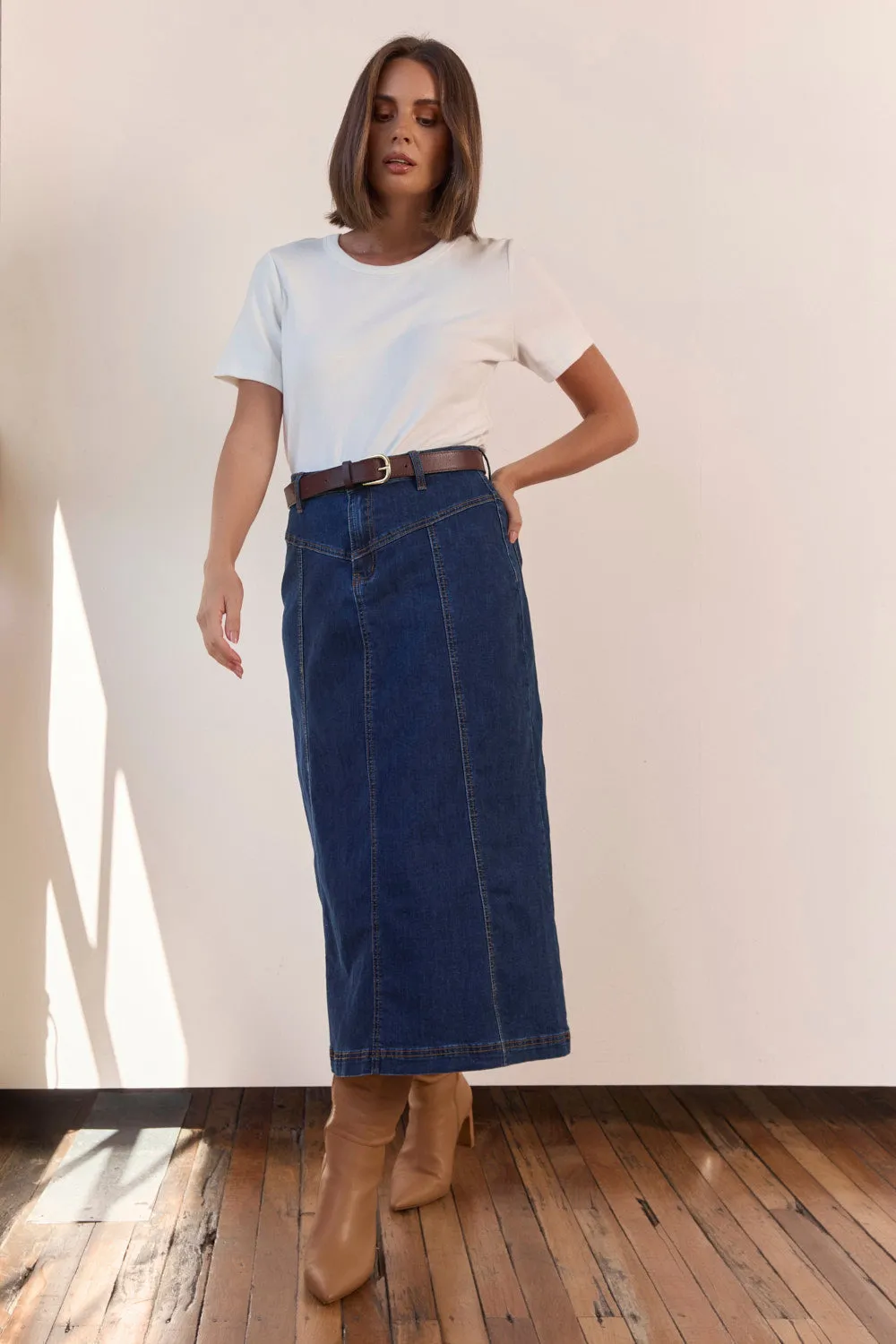 Adrift Flared Denim Maxi Skirt in Dark Wash Adrift