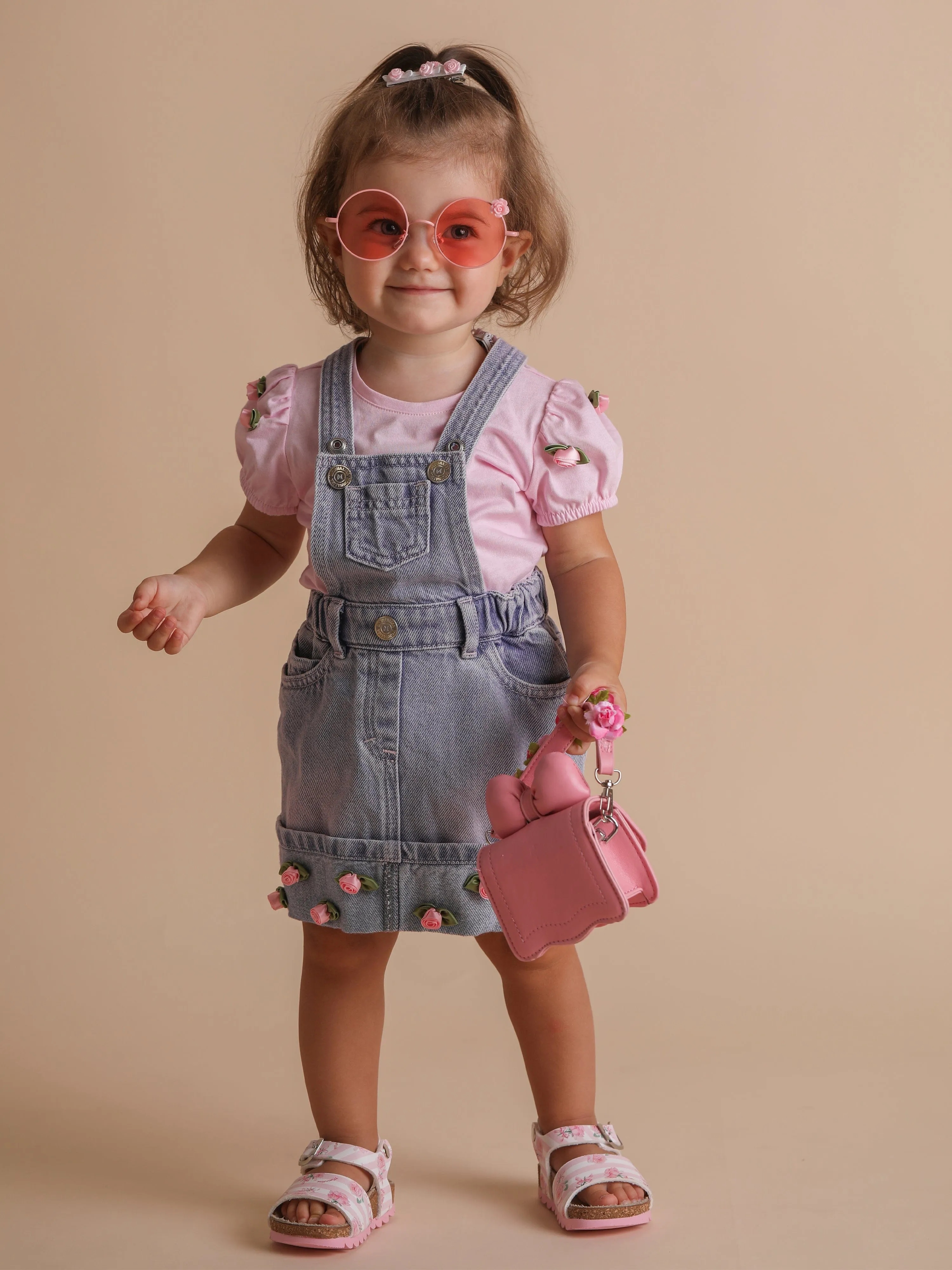 Baby Girls Rose Denim Dungaree Dress in Blue