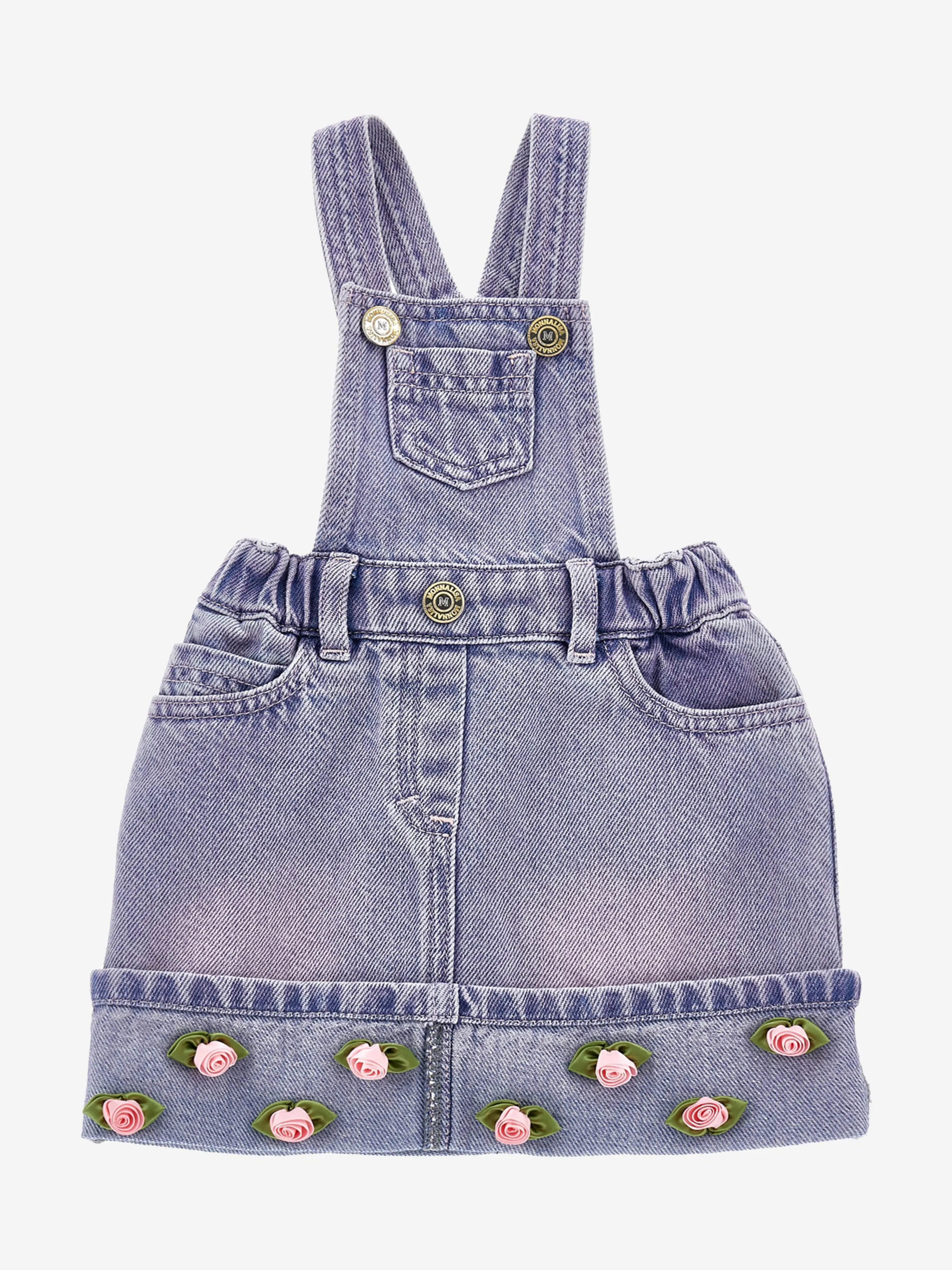 Baby Girls Rose Denim Dungaree Dress in Blue