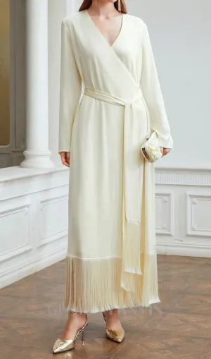 belted satin fringe-hem dress in beige Gloria Lanvin