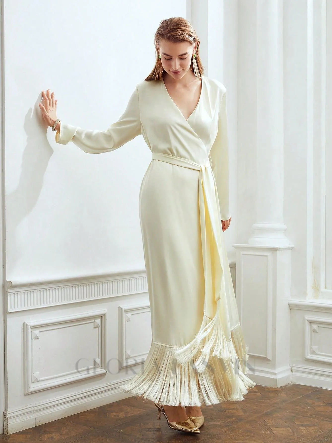 belted satin fringe-hem dress in beige Gloria Lanvin
