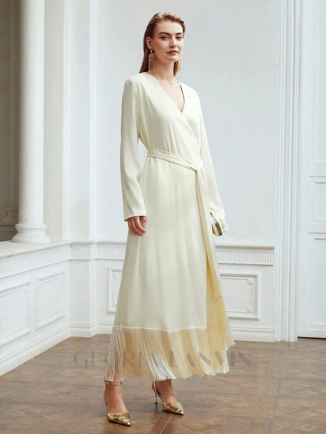 belted satin fringe-hem dress in beige Gloria Lanvin