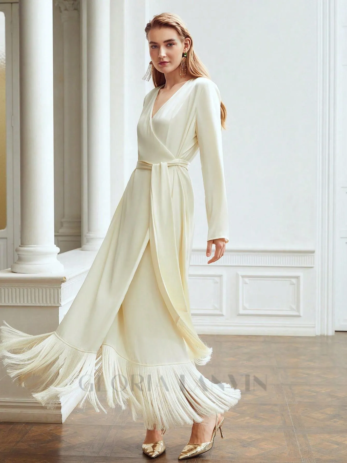 belted satin fringe-hem dress in beige Gloria Lanvin
