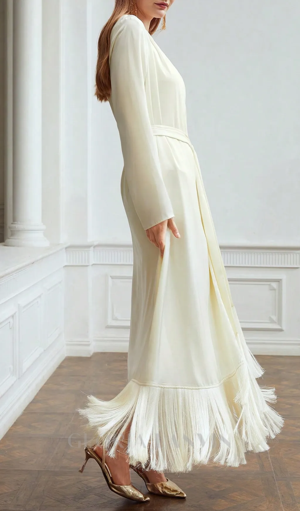 belted satin fringe-hem dress in beige Gloria Lanvin
