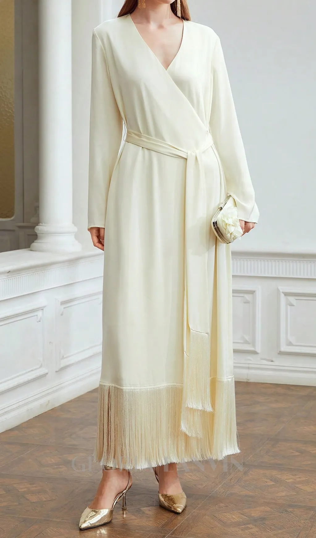 belted satin fringe-hem dress in beige Gloria Lanvin