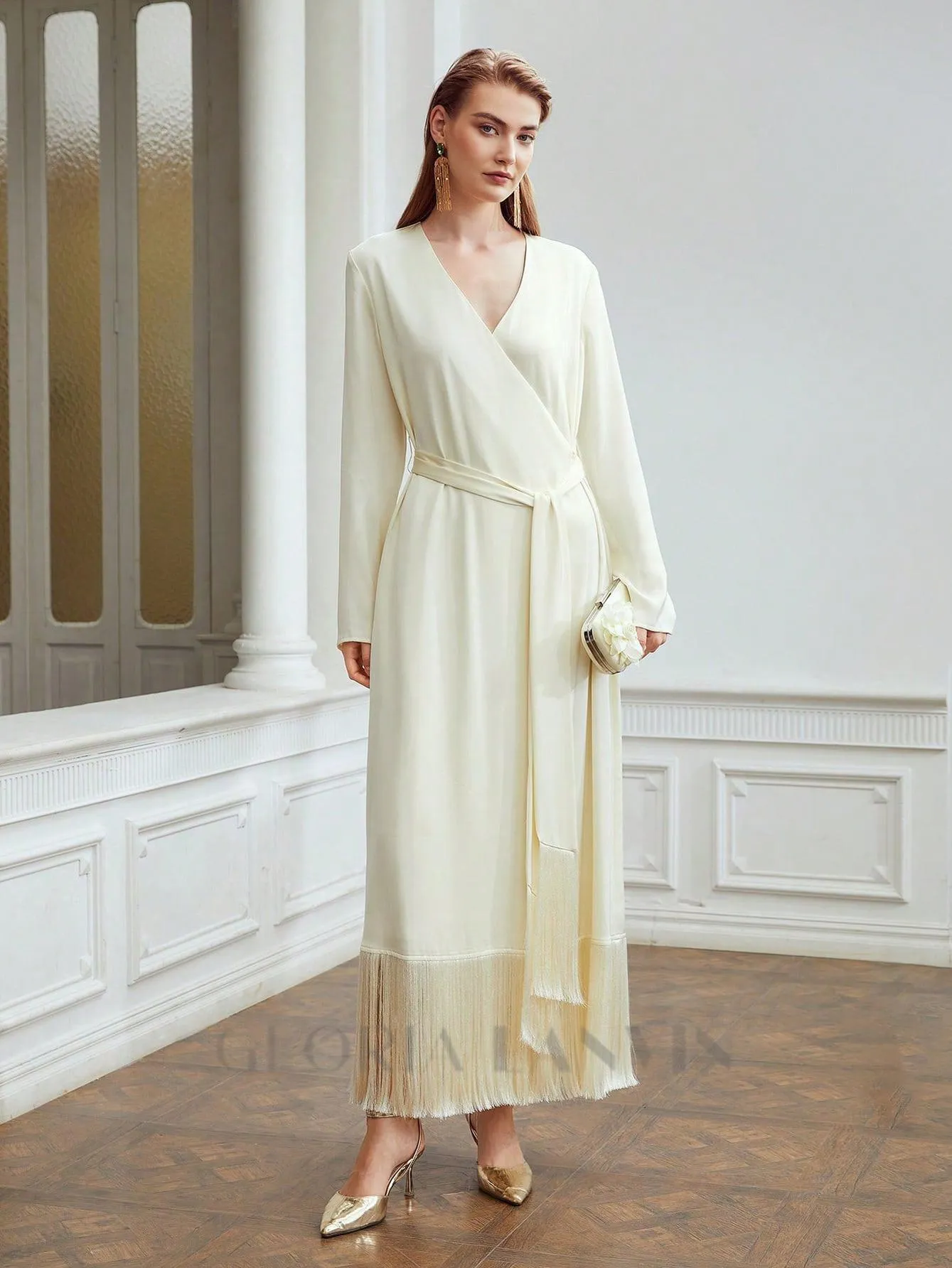 belted satin fringe-hem dress in beige Gloria Lanvin