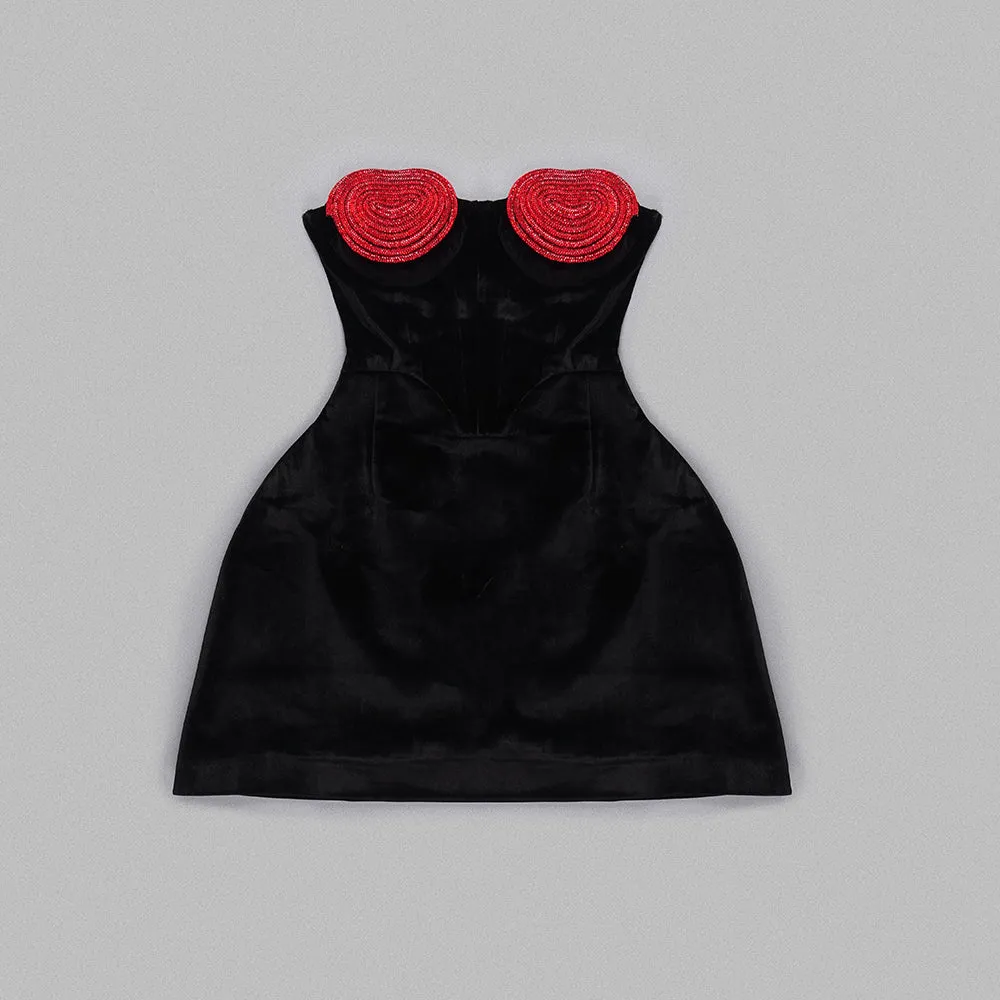 BESS CRYSTAL RED HEART MINI DRESS IN BLACK Gloria Lanvin