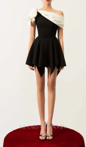 BOW ONE-SHOULDER MINI DRESS IN BLACK Gloria Lanvin