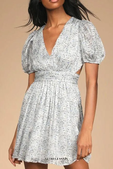 Budding Love White Floral Print Puff Sleeve Cutout Mini Dress Gloria Lanvin
