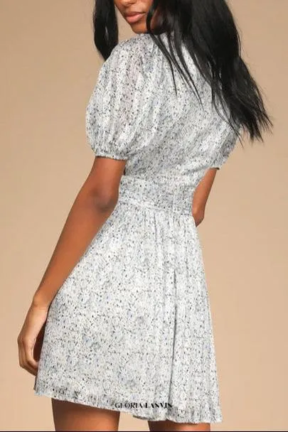 Budding Love White Floral Print Puff Sleeve Cutout Mini Dress Gloria Lanvin