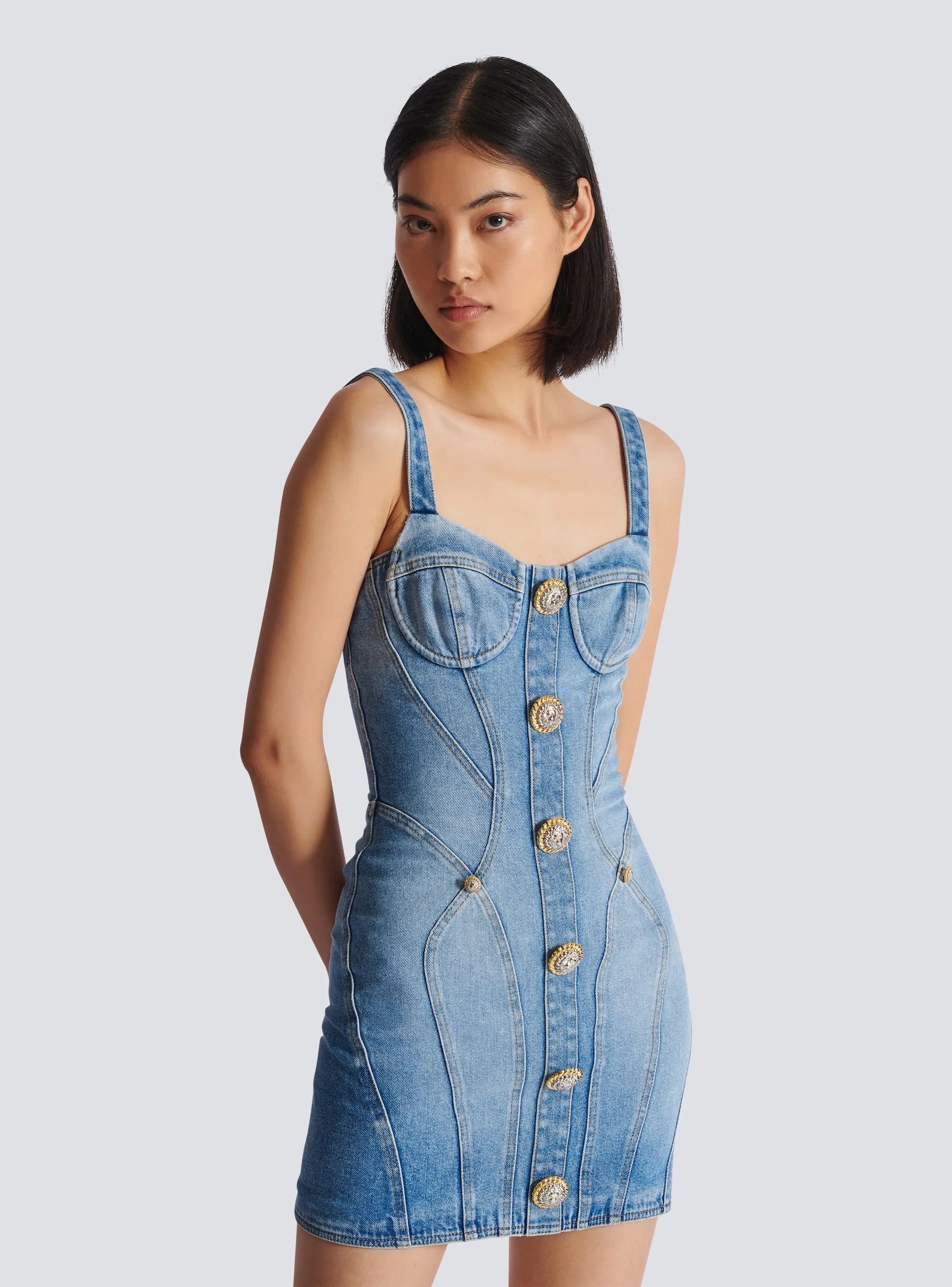 Buttoned denim mini dress in blue Gloria Lanvin