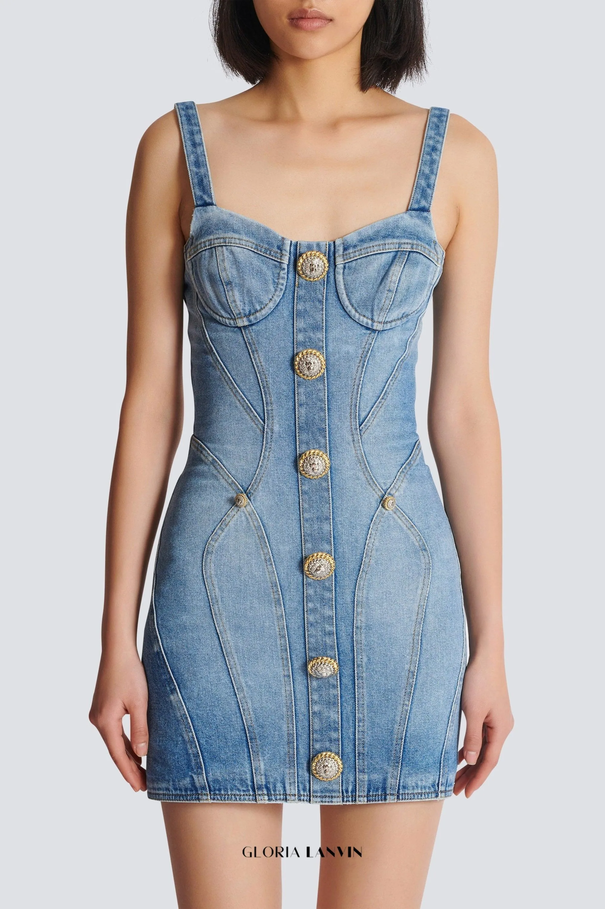 Buttoned denim mini dress in blue Gloria Lanvin