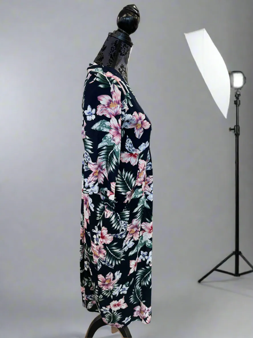 Carly Dress - Elbow Length Sleeve - Hibiscus/Navy Background - D1600SPE