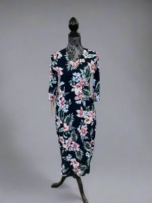 Carly Dress - Elbow Length Sleeve - Hibiscus/Navy Background - D1600SPE