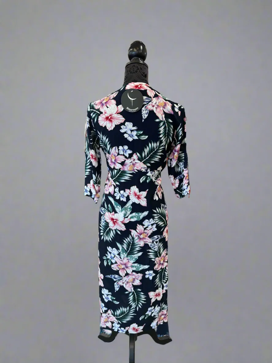 Carly Dress - Elbow Length Sleeve - Hibiscus/Navy Background - D1600SPE